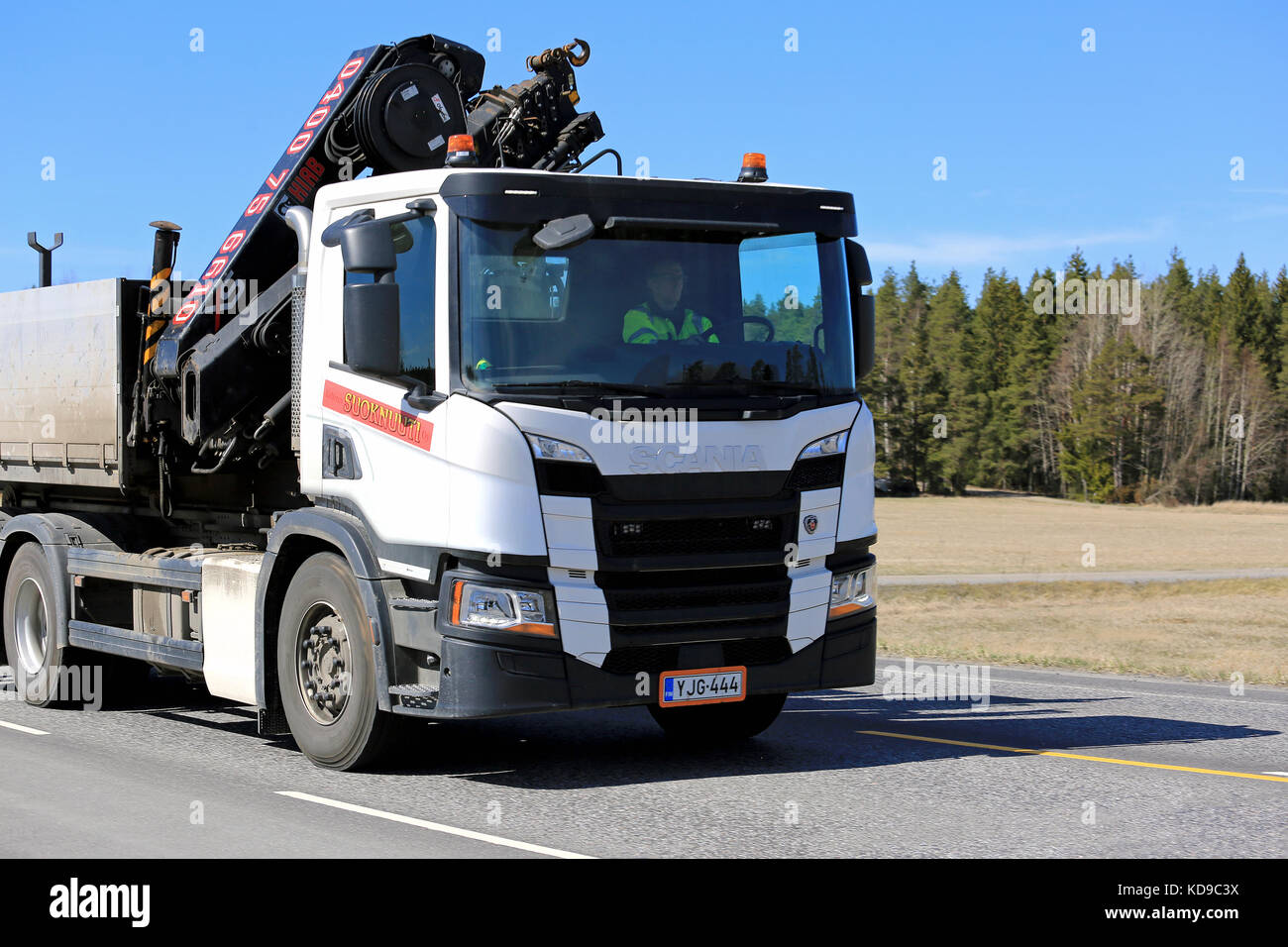 KAARINA, FINLAND - MAY 5, 2017: Next Generation Scania P-Series Hiab crane  truck of Suoknuuti moves along highway in South of Finland Stock Photo -  Alamy