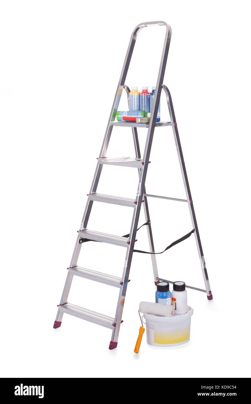 Aluminum ladder and paint tools. Isolated on white Stock Photo