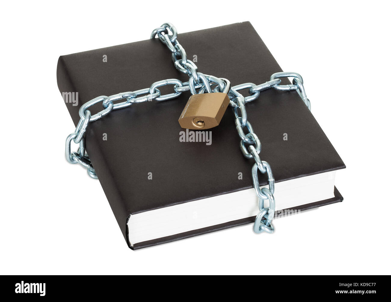 Black book secured by metal chain and lock. Isolated on white Stock Photo