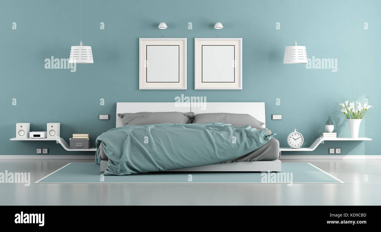 Blue and white master bedroom with double bed and shelf with objects - 3d rendering Stock Photo