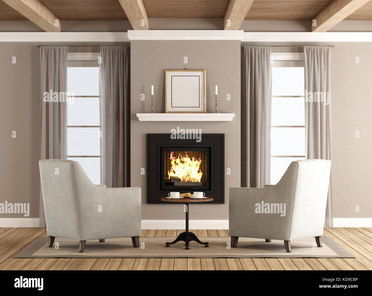 Classic living room with two armchairs in front of the fireplace 3d