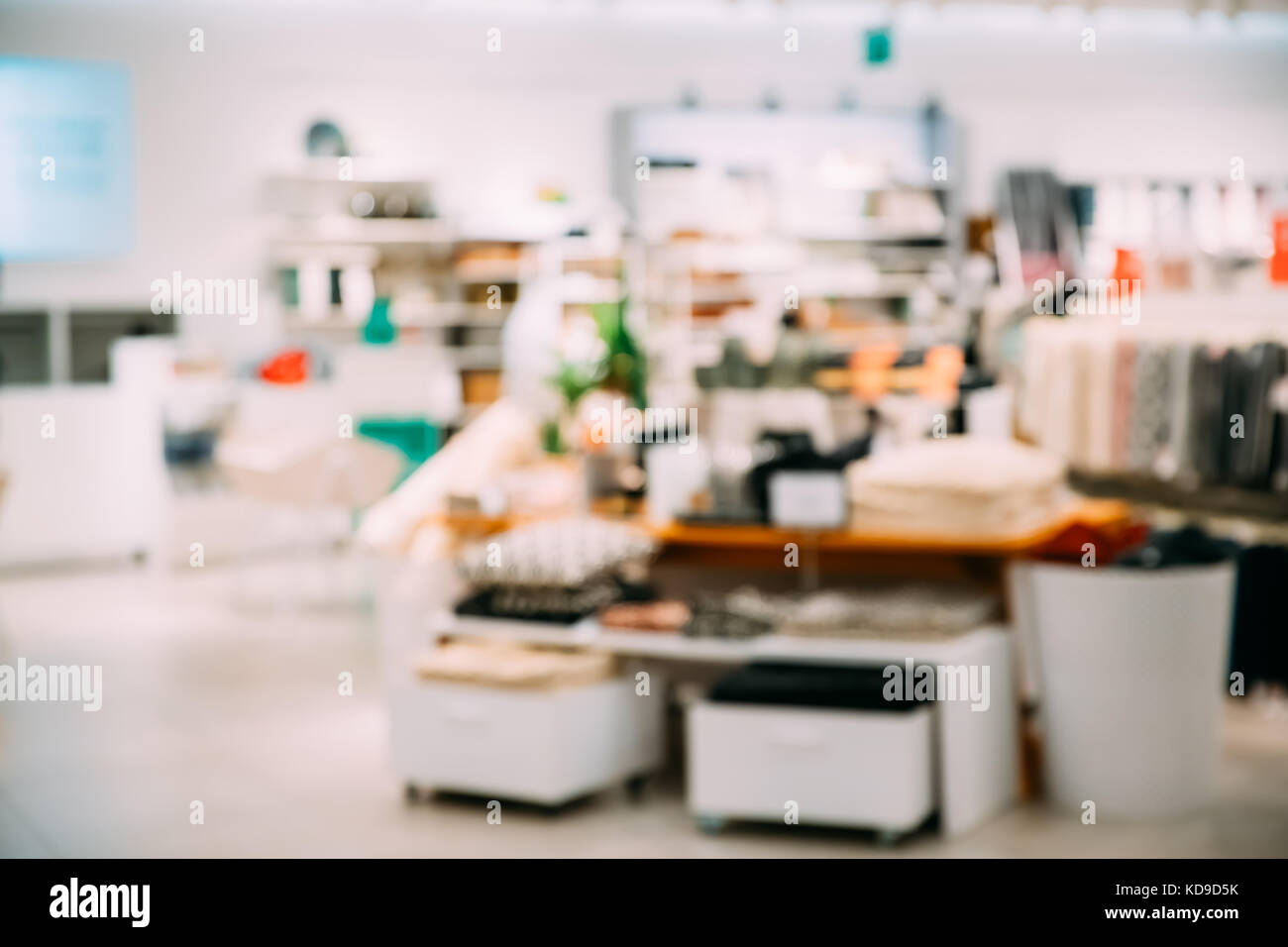 Blured Bokeh View Of Home Accessories And Household Products In Store Of Shopping Center. Stock Photo