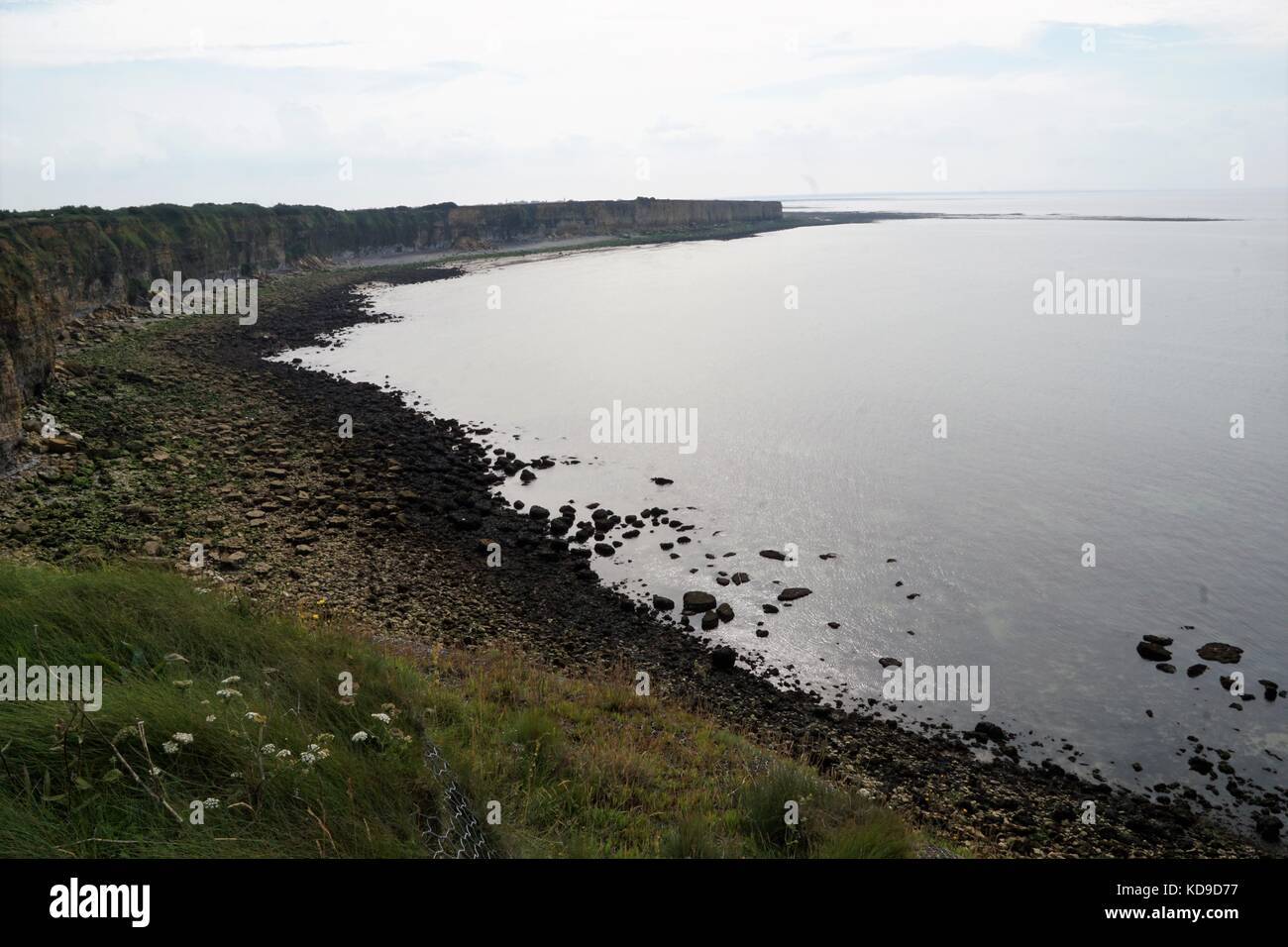 Normandy landings beach - coastline/cliffs surrounded by grass, weeds & mud against a grey sky Stock Photo