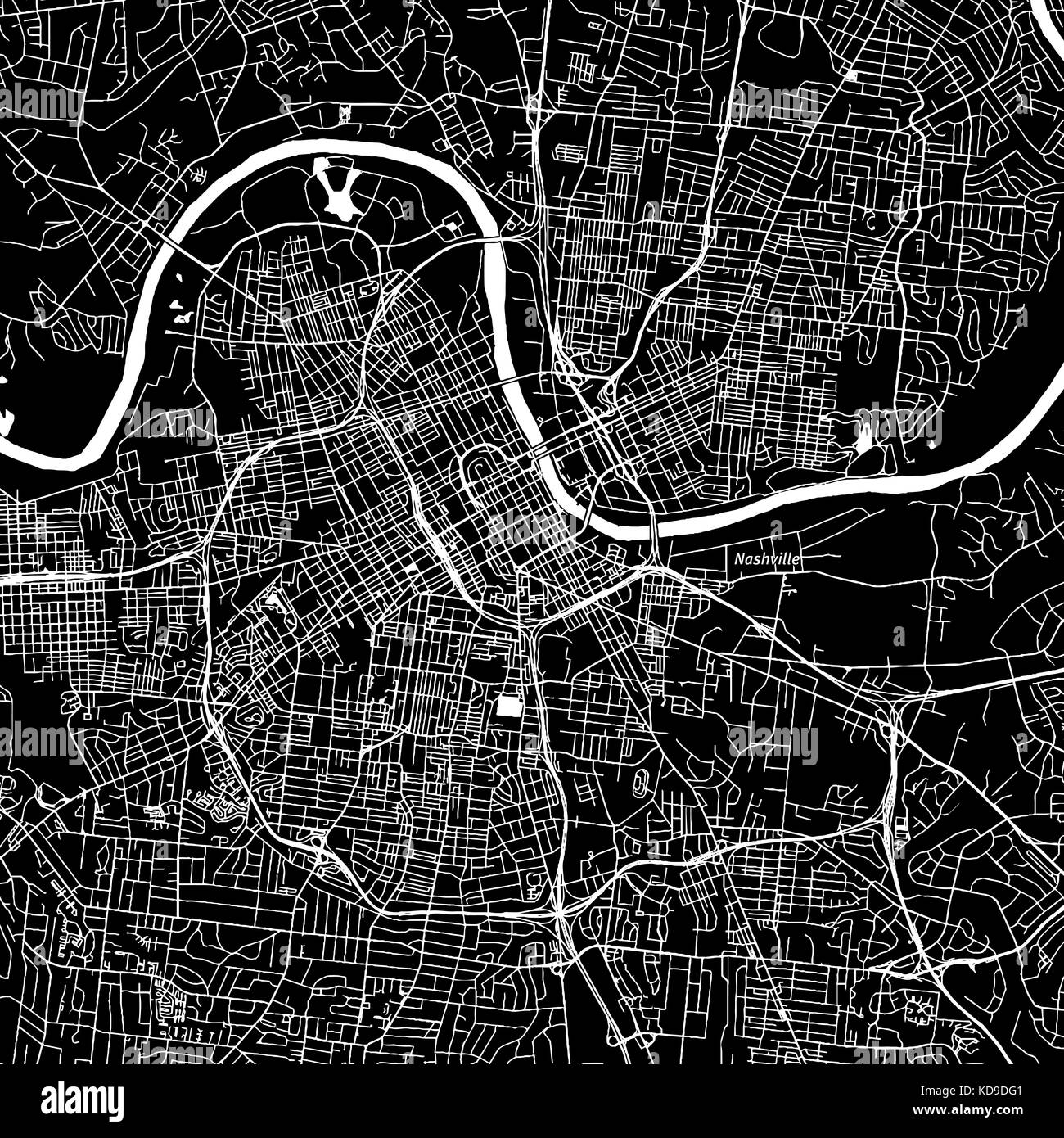 Nashville, Tennessee. Downtown vector map. City name on a separate layer. Art print template. Black and white. Stock Photo