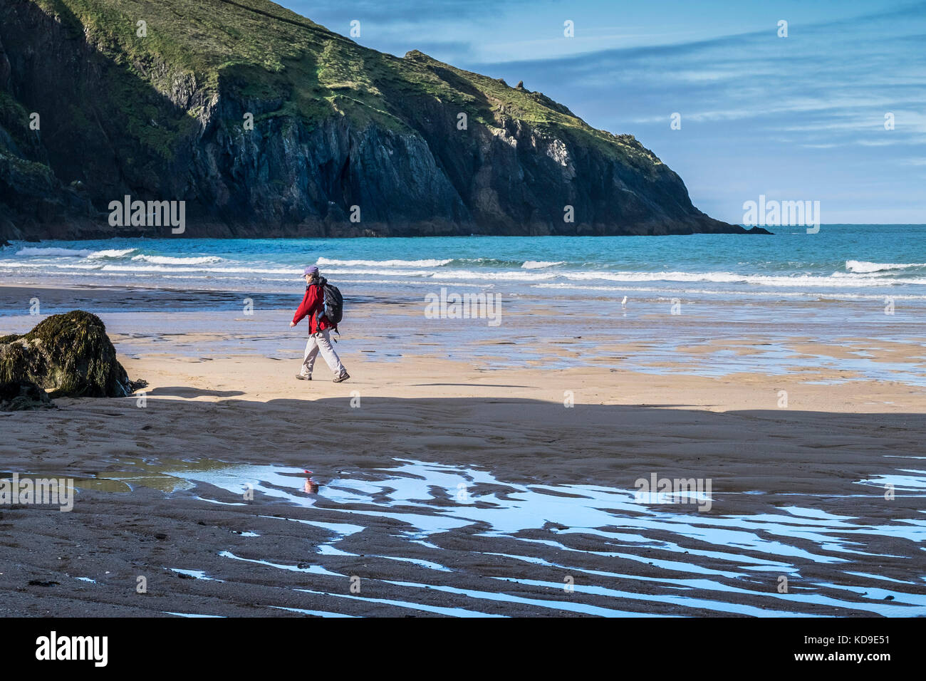 Holywell Bay a walker on the beach at low tide at Holywell Bay