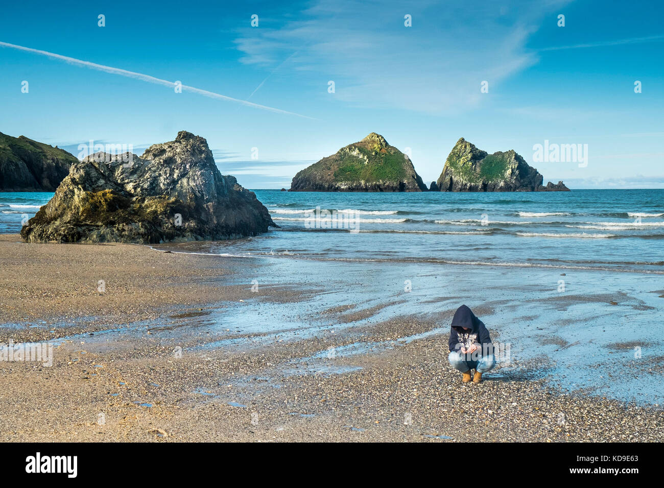 A woman examining shells found on Holywell Bay beach.  Gull Rocks at Holywell Bay one of the iconic Poldark film locations in Cornwall. Stock Photo