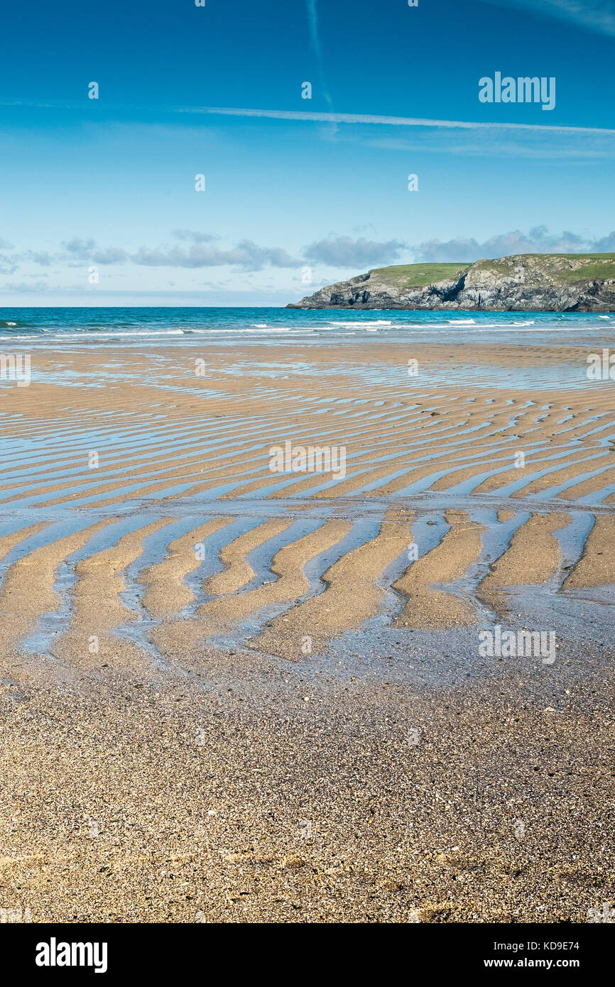 Holywell Bay in Cornwall - sand ripples on the beach at low tide at Holywell Bay Cornwall. Stock Photo