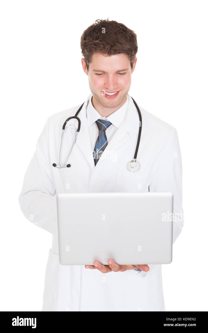 Portrait Of A Male Doctor With Laptop Stock Photo Alamy