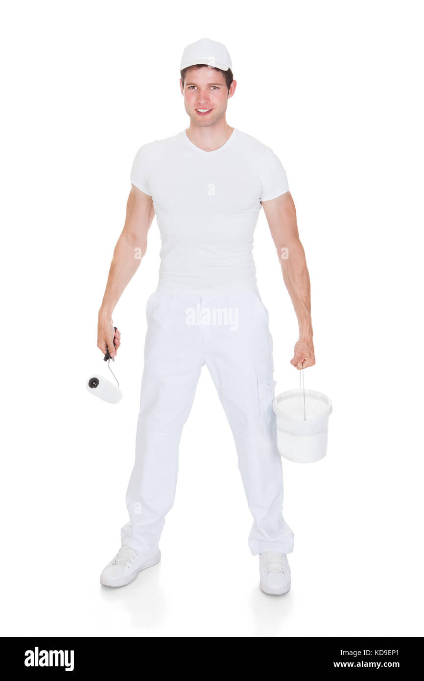 Portrait Of A Painter Holding Paint Roller And Bucket Stock Photo Alamy