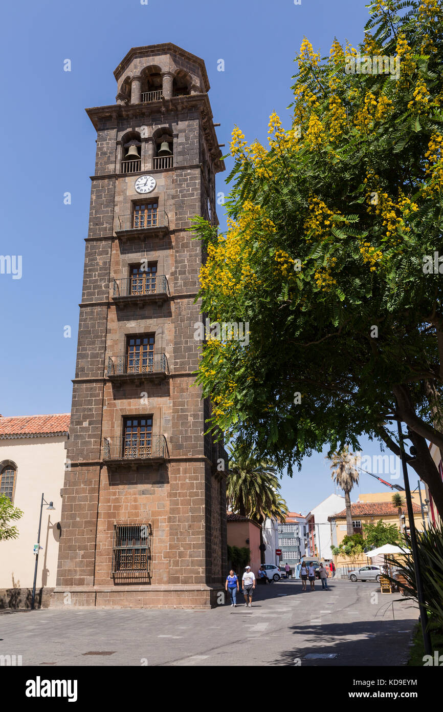 Church tower of the iglesia de la Concepcion, church of the conception, in the Plaza de la Concepcion, San Cristobal de La Laguna, Tenerife, Canary Is Stock Photo