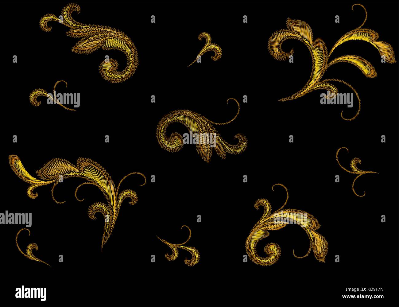 Golden Victorian Embroidery Floral Ornament. Stitch texture fashion print seamless pattern gold flower Baroque design element vector illustration art Stock Vector