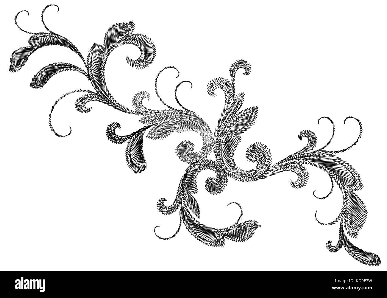 Black Victorian Embroidery Floral Ornament. Stitch texture fashion print patch flower Baroque design element vector illustration art Stock Vector