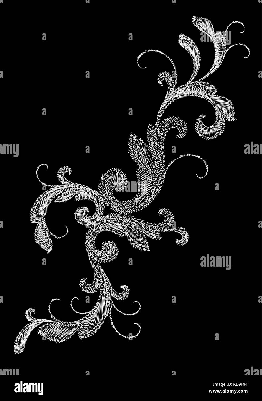 White Victorian Embroidery Floral Ornament. Stitch texture fashion print patch flower Baroque design element vector illustration art Stock Vector