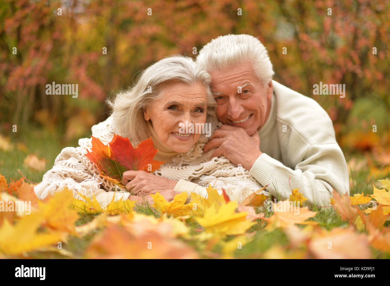 couple in autumn park lying Stock Photo - Alamy