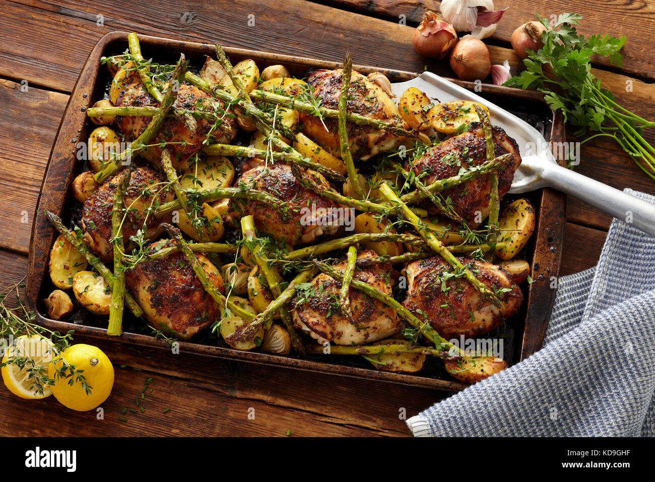 Sheetpan honey Dijon chicken and asparagus Stock Photo Alamy