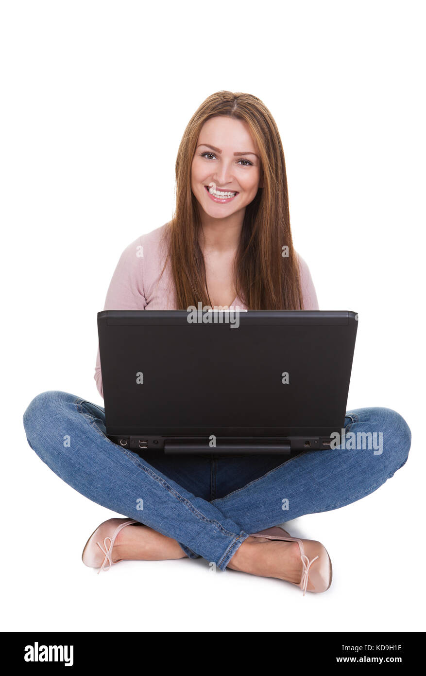 Young Woman Working On Laptop Over White Background Stock Photo - Alamy