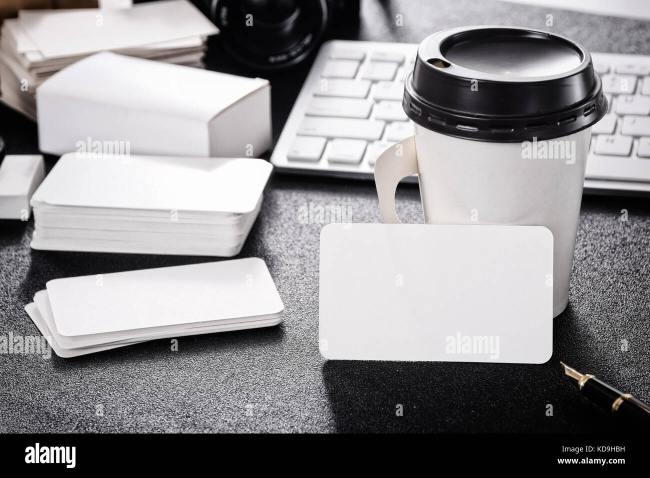 Blank business card mockup on table for design business contact Stock Photo
