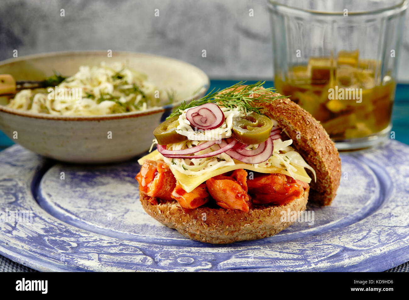 Honey barbecued pulled salmon burger Stock Photo
