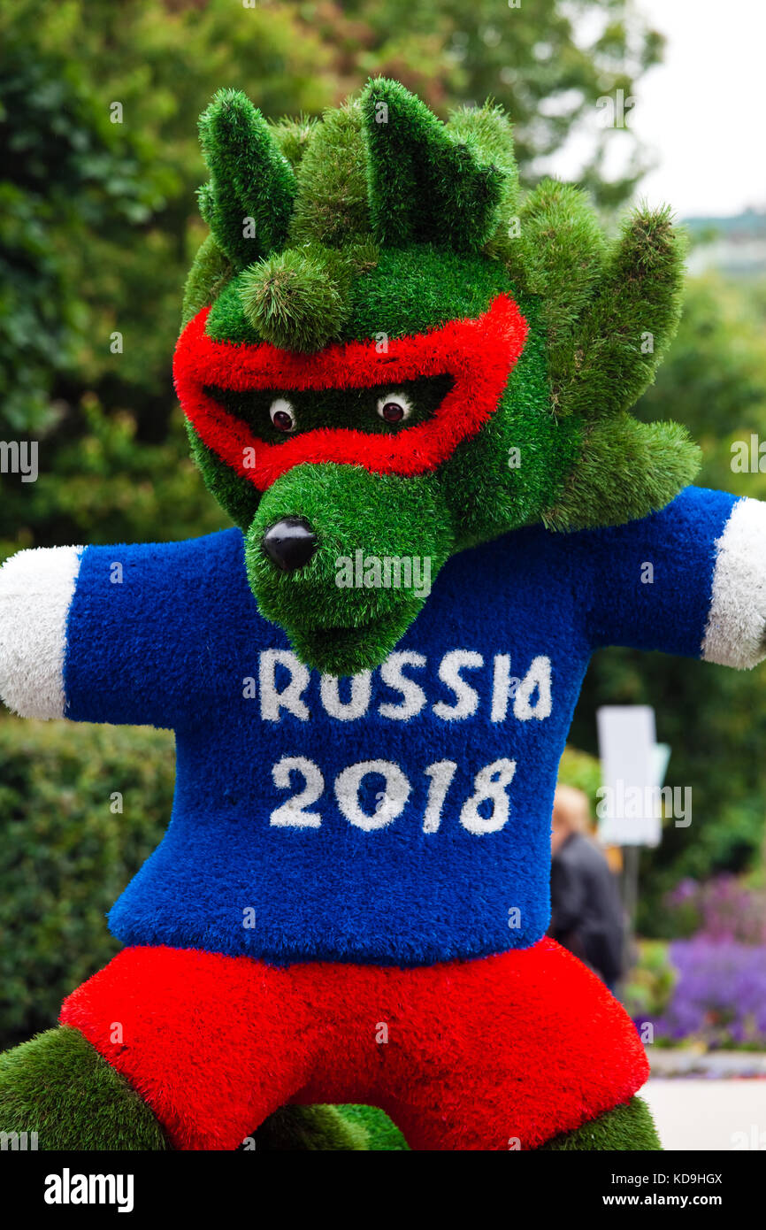 Grass made symbol of World Soccer Championship in Russia 2018 wolf called Zabivaka Stock Photo