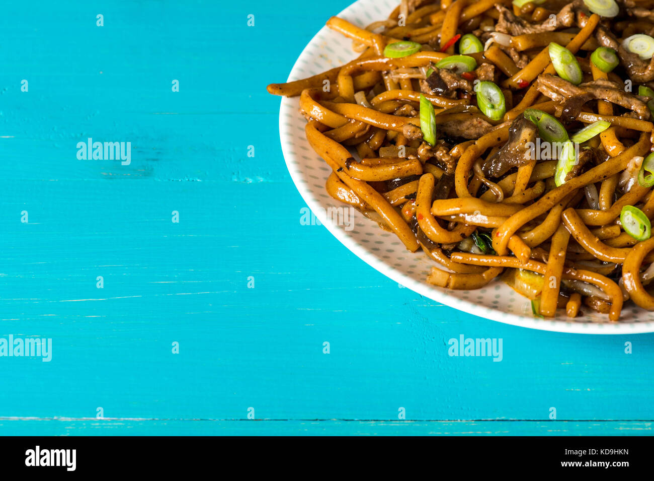Oriental Shanghai Fried Beef Udon Noodles With Pak Choi Against a Blue