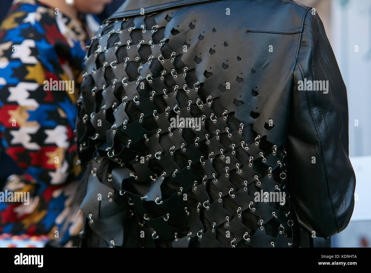 Milan September 21 Man With Black Leather Jacket With Metal