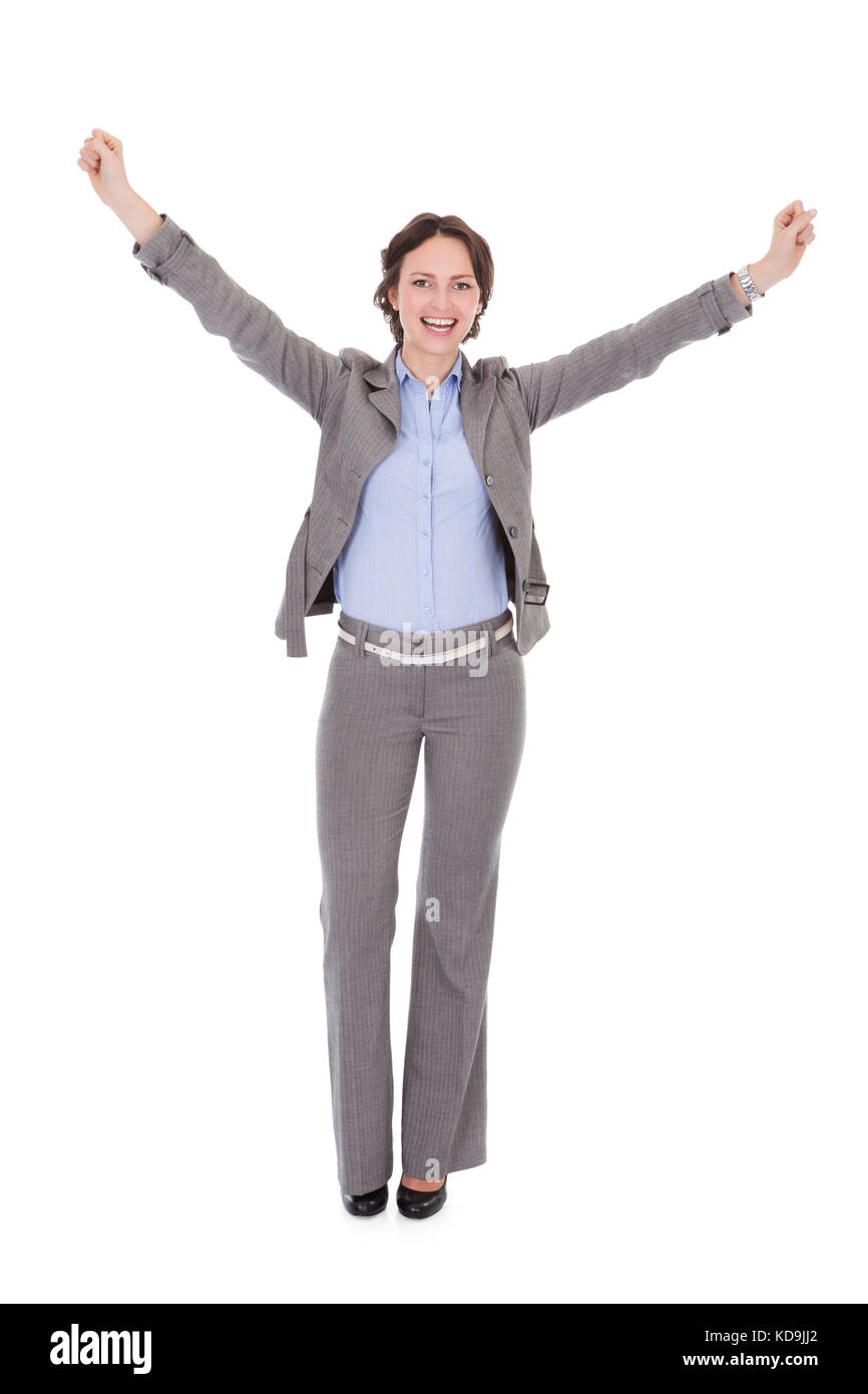 Portrait Of Happy Excited Young Businesswoman With Hand Extended Stock Photo