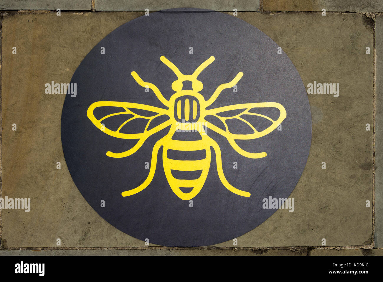 A bee, the symbol of Manchester, set into a paving stone, First Street, Manchester, England, UK Stock Photo