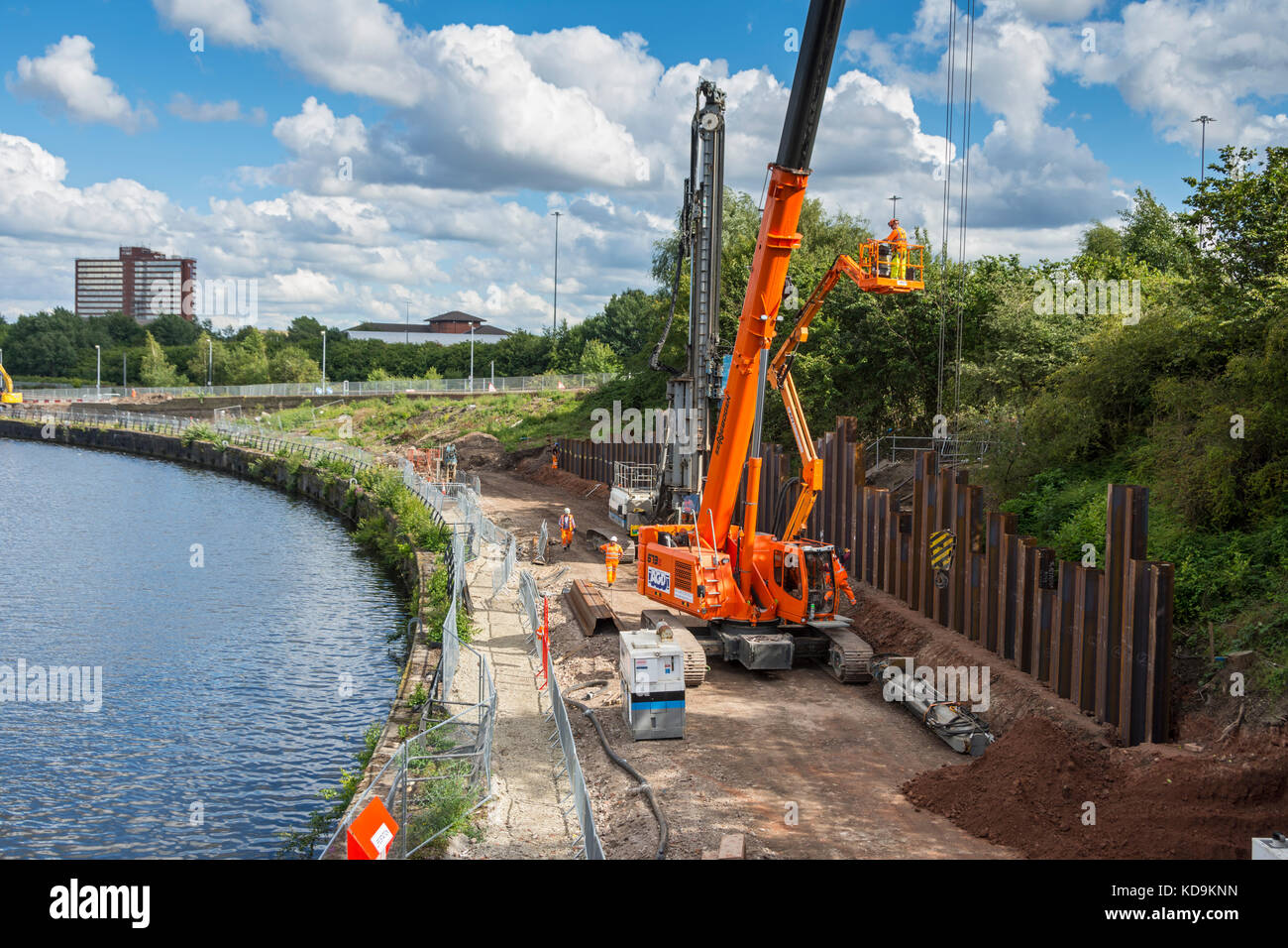 Construction work for the Trafford Park Line Metrolink tram route, Trafford, Manchester, England, UK Stock Photo