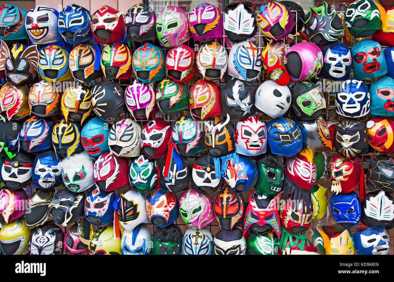 Color display of Mexican free wrestling masks. Stock Photo
