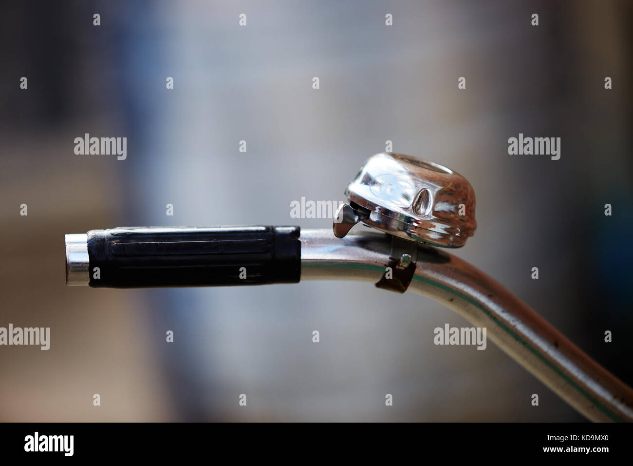 Photo of old bicycle handle bar and bell. Stock Photo