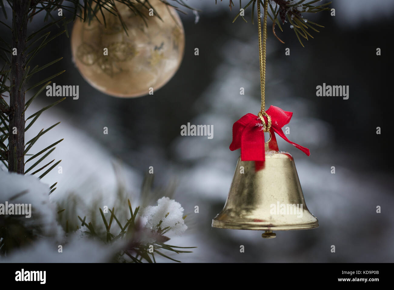 Christmas ornaments hanging on a tree in the snowy outdoors Stock Photo