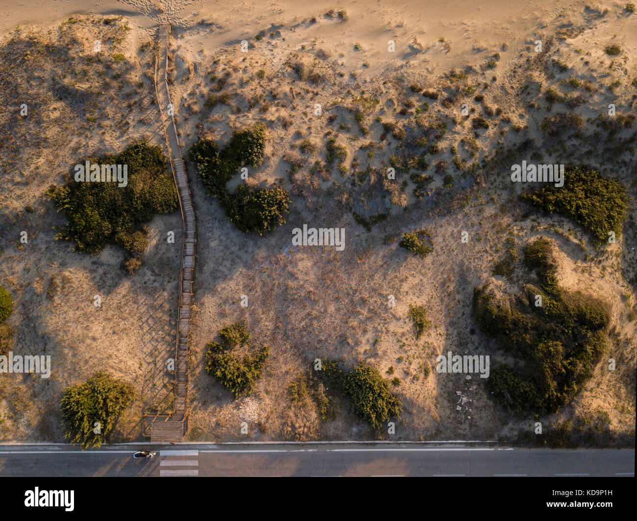 Aerial view of a walkway leading to the beach, surrounded by sand and bushes at sunset. Sabaudia, Italy. Stock Photo