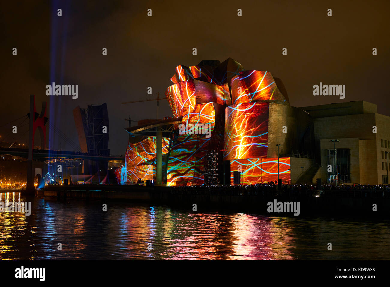 Bilbao, Spain. 11th Oct, 2017. Reflections, Spectacular Light over Guggenheim museum facade, Bilbao, Biscay, Basque Country, Euskadi, Euskal Herria, Spain, Europe Credit: Juanma Aparicio/Alamy Live News Stock Photo