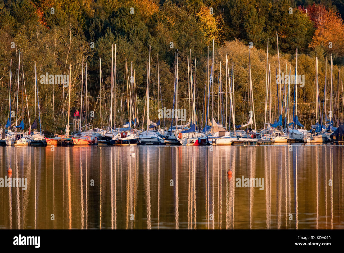 Schwandorf, Germany. 11th Oct, 2017. Boats reflected in Steinberger See lake near Schwandorf, Germany, 11 October 2017. Credit: Armin Weigel/dpa/Alamy Live News Stock Photo