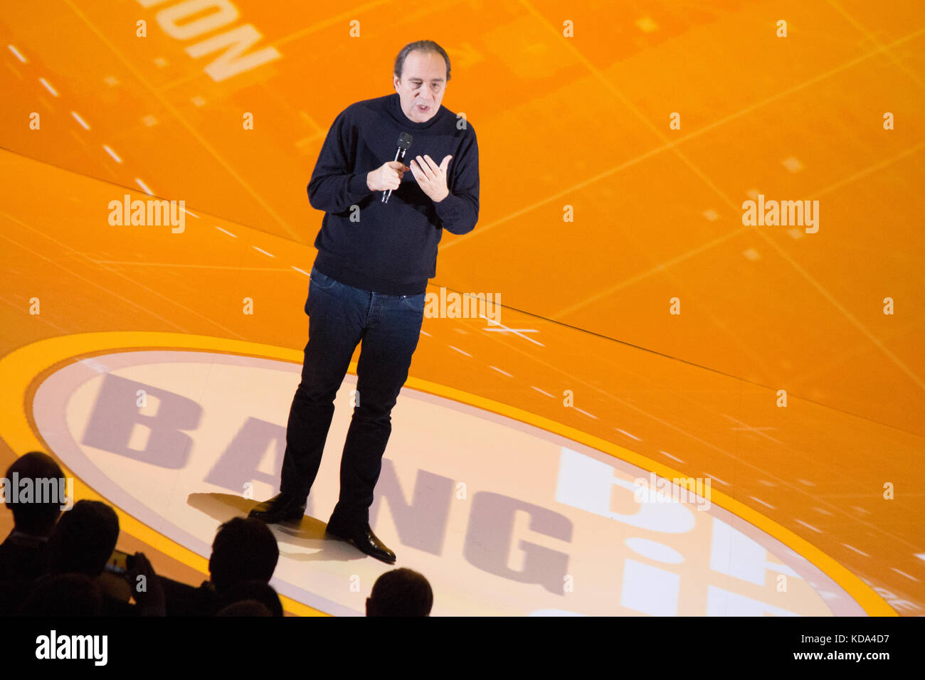 Paris, France. 12th Oct, 2017. Xavier Niel, French telecom industry mogul, opens the 2017 BPI innovation summit in AccorHotels Arena (Paris). Credit: Paul-Marie Guyon/Alamy Live News Stock Photo