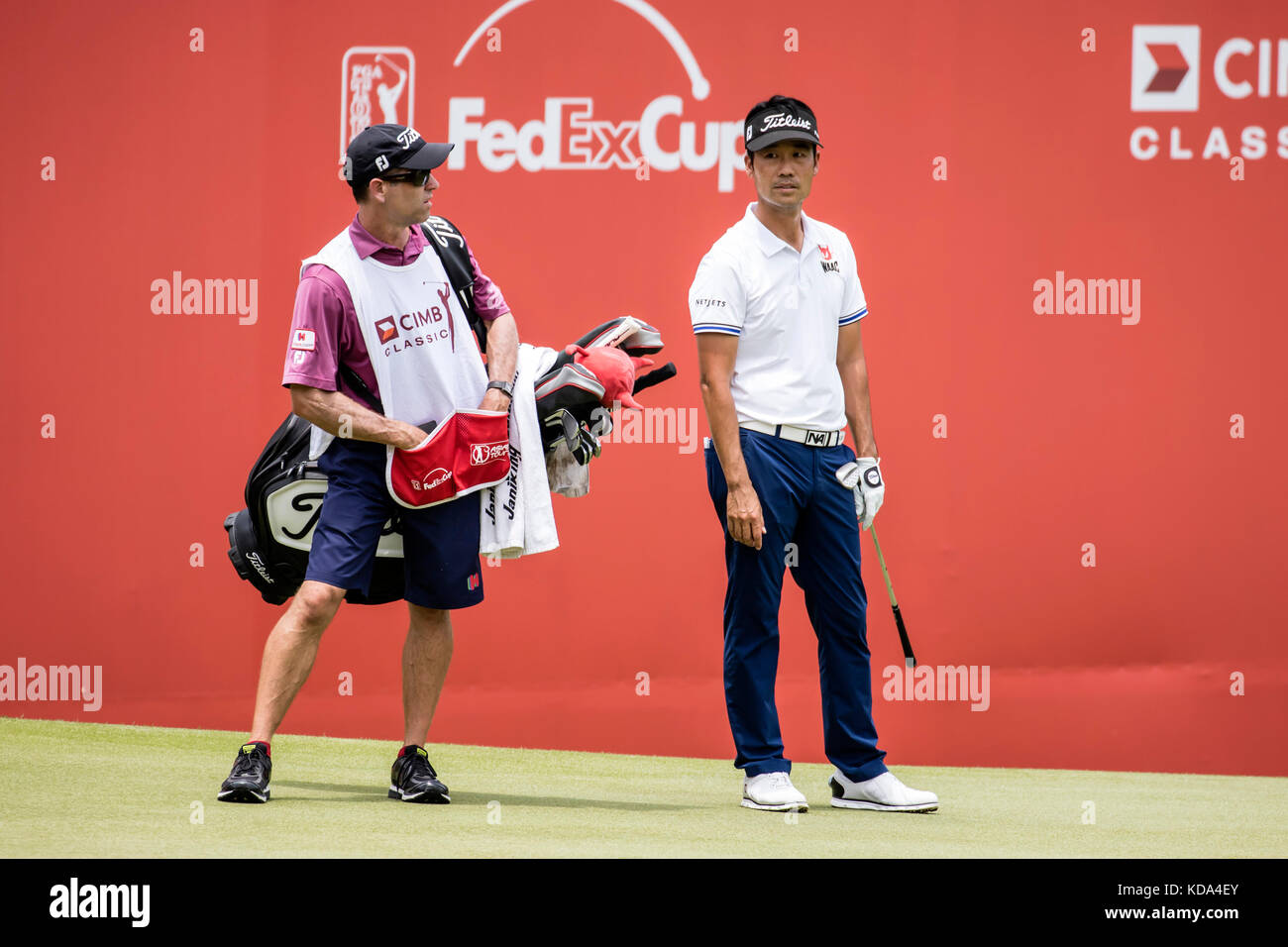 Kuala Lumpur, Malaysia. 12th Oct, 2017. USA Kevin Na thinking how to play his next shot on the 18th green at the PGA CIMB Classic 2017 golf tournament in Kuala Lumpur, Malaysia. Credit: Danny Chan/Alamy Live News Stock Photo