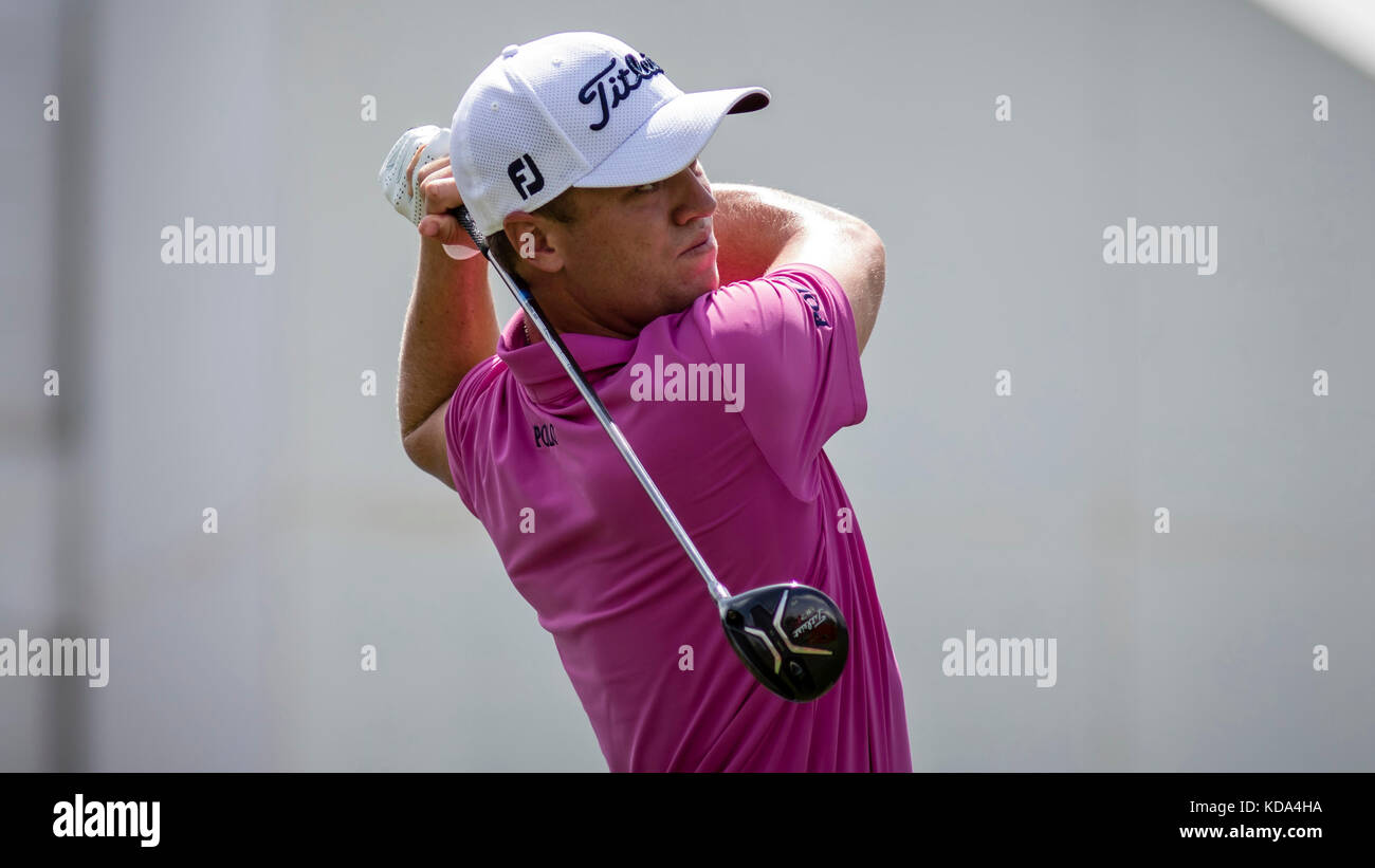 Kuala Lumpur, Malaysia. 12th Oct, 2017. Defending champion USA Justin Thomas tee off at the PGA CIMB Classic 2017 golf tournament in Kuala Lumpur, Malaysia. First time in CIMB Classic tournament. Credit: Danny Chan/Alamy Live News Stock Photo