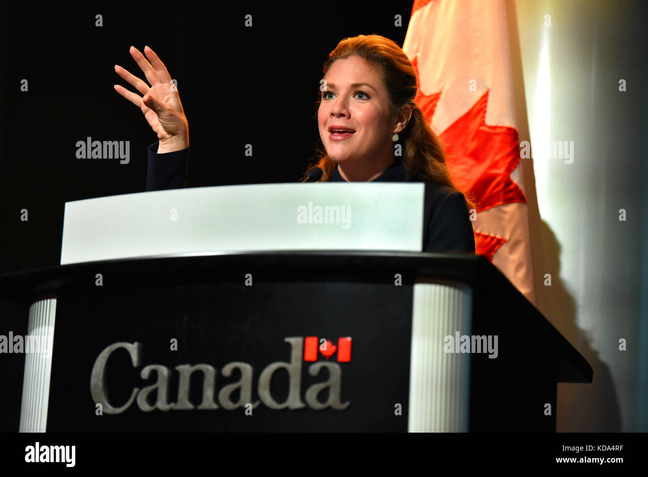Madam Sophie Gregoire Trudeau, the wife of Canadian Prime Minister Justin Trudeau, addresses the Together for Girls organization on October 11th, the International Day of the Girl at the Canadian Embassy in Washington DC. She discusses breaking the cycle of violence against girls. Ms. Trudeau is an advocate for gender equality and women's and girls' rights and freedoms. Together for Girls is a global public-private partnership dedicated to ending violence against children. Photo by Sharon Natoli Stock Photo