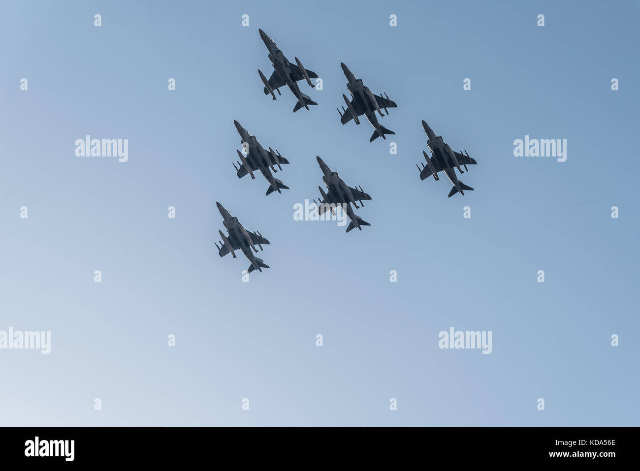Madrid, Spain - October 12, 2017: Six Harrier EAV-8B jet fighters  flying in Spanish National Day Parade. Several troops take part in the army parade for Spain's National Day. King Felipe VI, Queen Letizia and Spanish Prime Minister Mariano Rajoy presided over the parade. Juan Jimenez/Alamy Live News Stock Photo