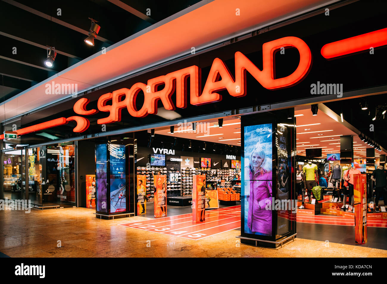 Vilnius, Lithuania - September 21, 2017: Entrance To Sportswear Store Sportland In Shopping Center. Sportland - Largest Chain Of Sporting Goods And At Stock Photo