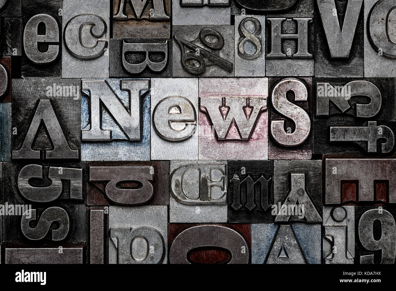 The word News made from old metal letterpress letters Stock Photo