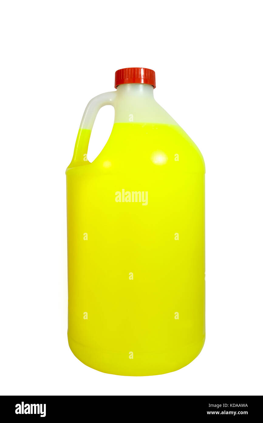 Neon yellow window washer fluid in gallon container Stock Photo