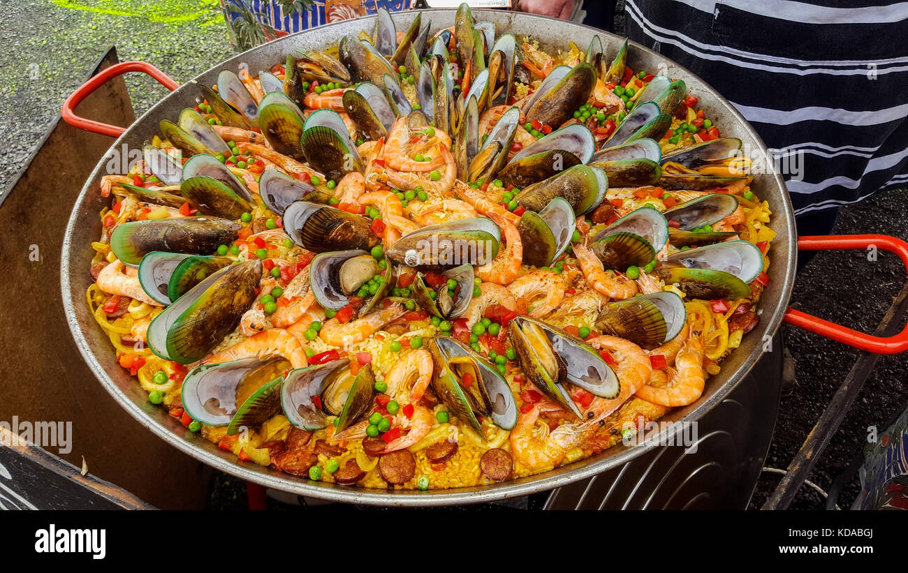 Seafood paella at Keri Keri market, Northland, New Zealand Stock Photo