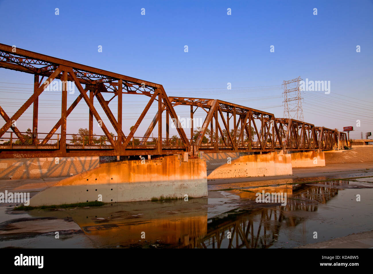 Train trestle bridge over Los Angeles River, South Gate, Los Angeles County, California, USA Stock Photo