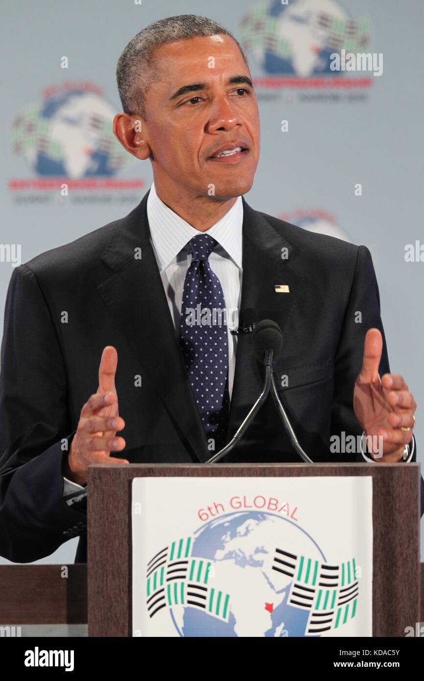U.S. President Barack Obama speaks during the Global Entrepreneurship Summit Opening Plenary Session at the United Nations Compound July 25, 2015 in Nairobi, Kenya. Stock Photo