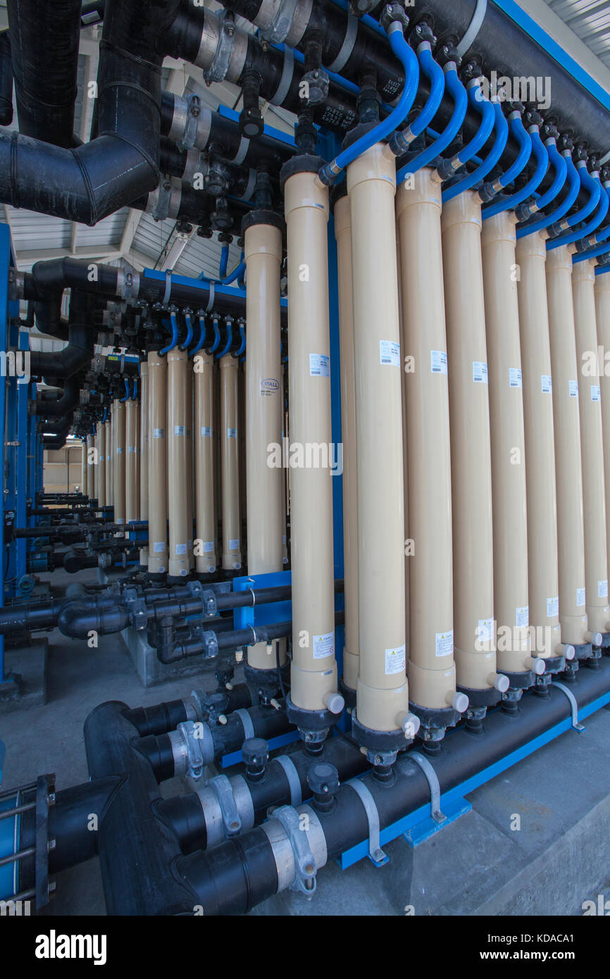 Microfiltration process removes bacteria, fine particles and sediments from treated water at Leo J. Vander Lans Advanced Water Treatment Facility. CA Stock Photo