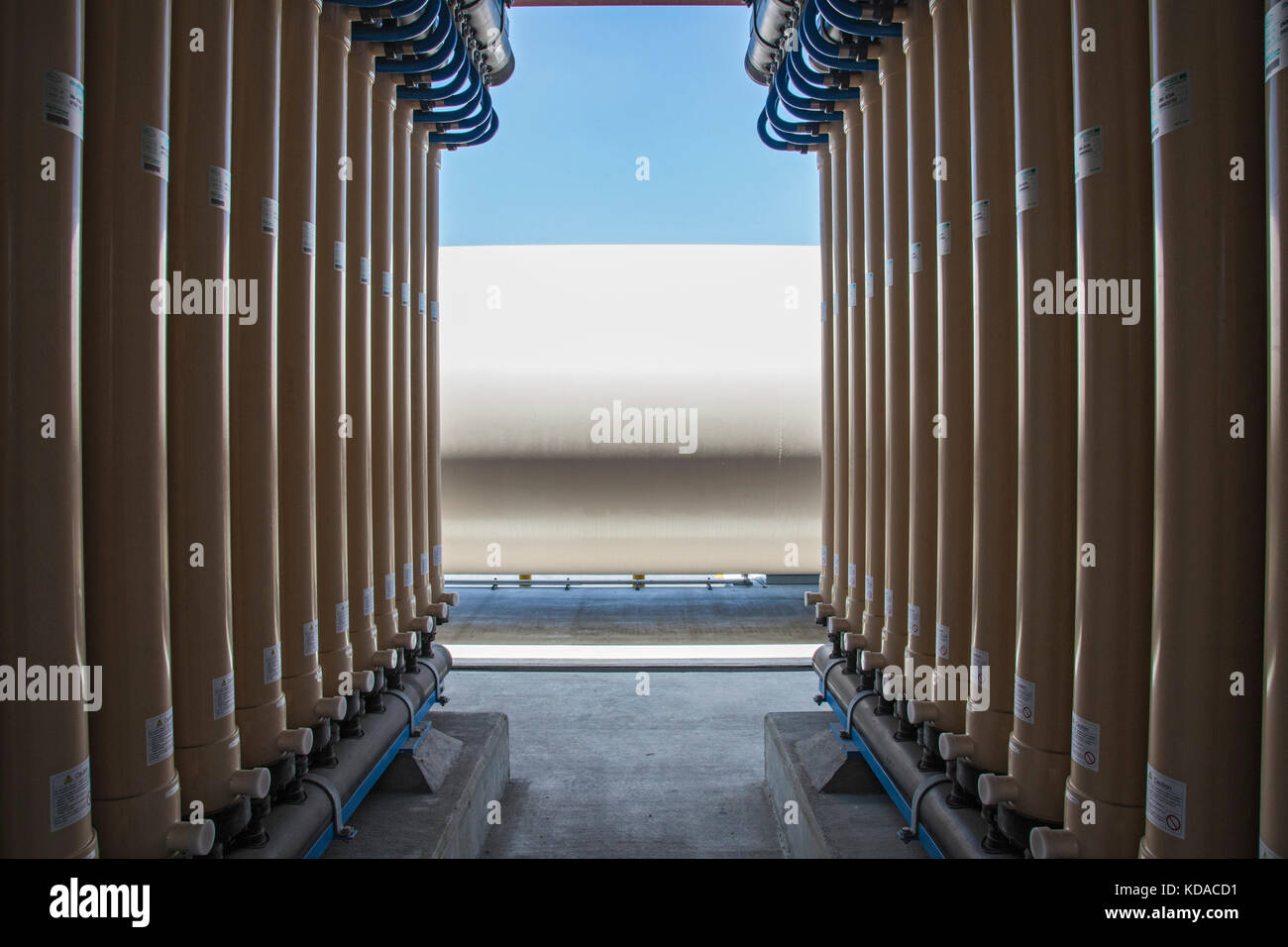 Microfiltration process removes bacteria, fine particles and sediments from treated water at Leo J. Vander Lans Advanced Water Treatment Facility. CA Stock Photo