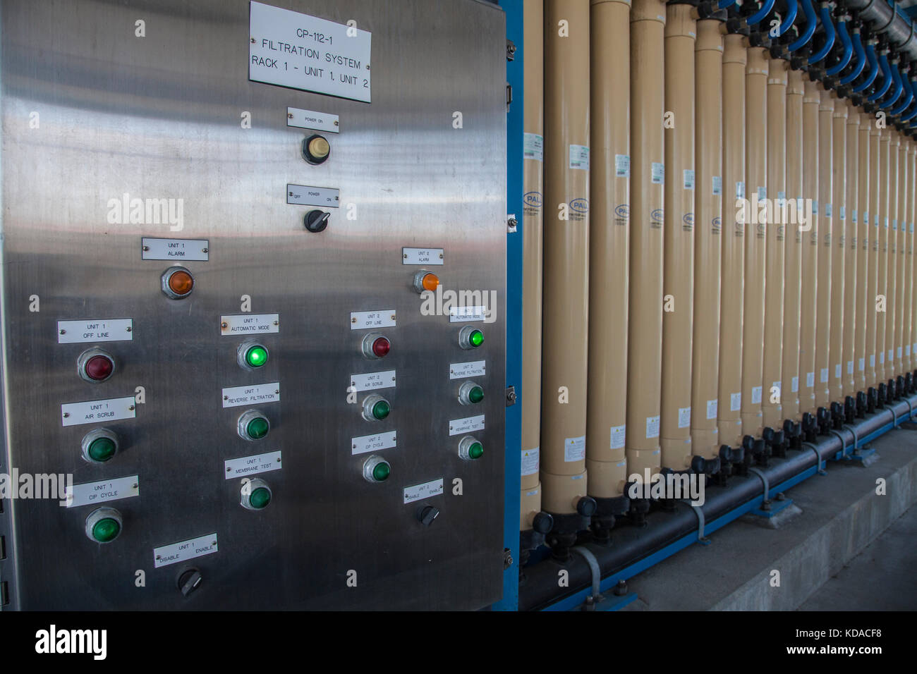 Microfiltration process removes bacteria, fine particles and sediments from treated water at Leo J. Vander Lans Advanced Water Treatment Facility. CA Stock Photo