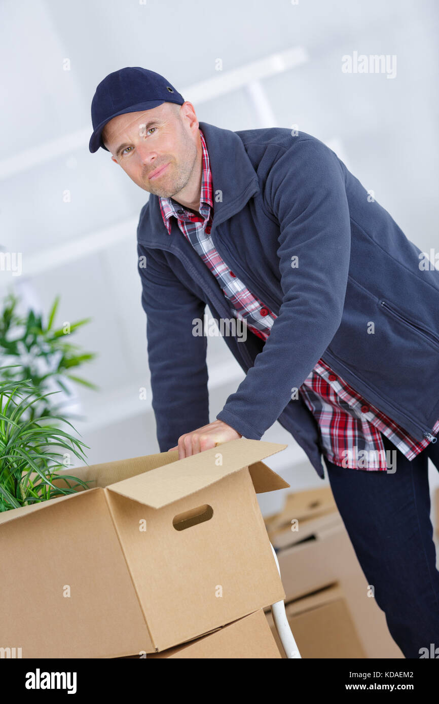 happy man preparing boxes Stock Photo - Alamy
