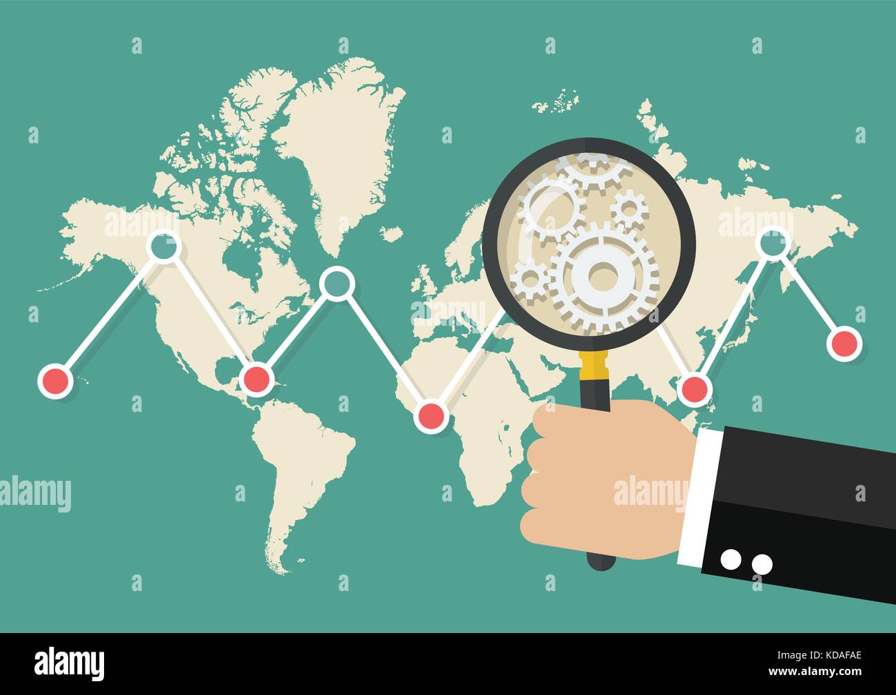 Magnifying glass scan stock market graph with world map. Data analysis global trend Stock Vector